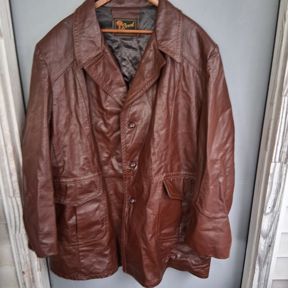 Vintage Reed Sportswear Brown Leather Car Coat Jacket Mens Size 52 70s 80s USA